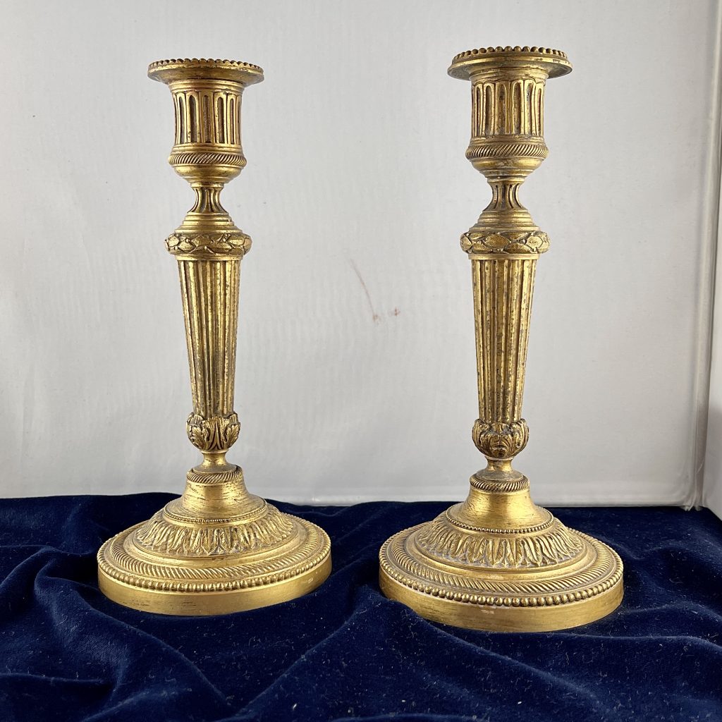 Pair of bronze silver-plated Louis Seize candlesticks - six